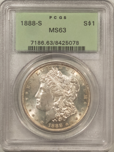 Dollars 1888-S $1 MORGAN DOLLAR – PCGS MS-63, FRESH & OLD GREEN HOLDER!