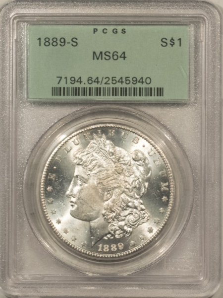 Dollars 1889-S $1 MORGAN DOLLAR – PCGS MS-64, OLD GREEN HOLDER, PREMIUM AND GEM QUALITY!