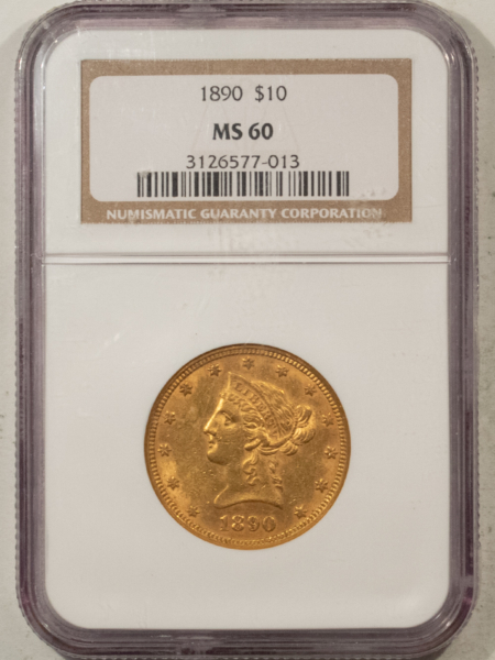 $10 1890 $10 LIBERTY GOLD HALF EAGLE – NGC MS-60, LOW MINTAGE!