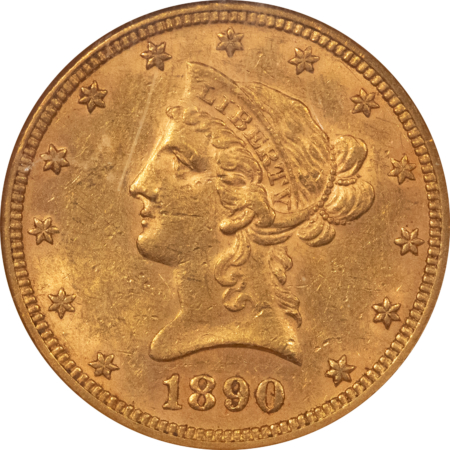 $10 1890 $10 LIBERTY GOLD HALF EAGLE – NGC MS-60, LOW MINTAGE!