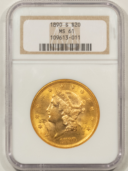 $20 1890-S $20 LIBERTY GOLD DOUBLE EAGLE – NGC MS-61, FLASHY & PQ, BETTER DATE