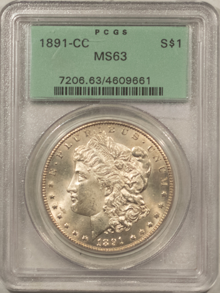 Dollars 1891-CC $1 MORGAN DOLLAR – PCGS MS-63, OLD GREEN HOLDER & PQ! CARSON CITY!