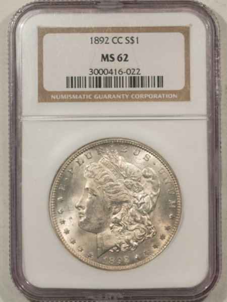 Dollars 1892-CC $1 MORGAN DOLLAR – NGC MS-62, CARSON CITY!