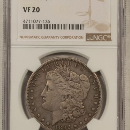 Dollars 1892-S $1 MORGAN DOLLAR – NGC VF-20, FRESH & ORIGINAL!