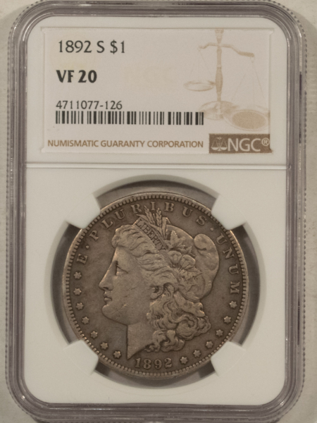 Dollars 1892-S $1 MORGAN DOLLAR – NGC VF-20, FRESH & ORIGINAL!