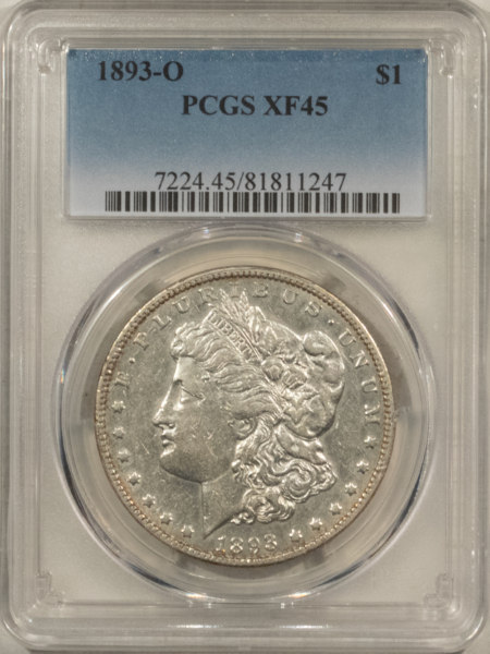 Dollars 1893-O $1 MORGAN DOLLAR – PCGS XF-45, WHITE W/ SOME LUSTER IN PROTECTED AREAS!