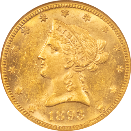 $10 1893-O $10 LIBERTY HEAD EAGLE – NGC MS-61, FATTIE HOLDER, PQ NEW ORLEANS GOLD!