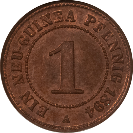 New Certified Coins 1894-A GERMAN NEW GUINEA 1 PFENNIG – NGC MS-64 RB, KM-1, LOW MINTAGE, SCARCE