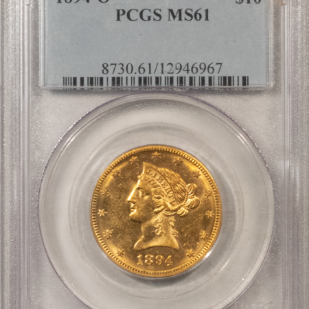 $10 1894-O $10 LIBERTY GOLD HALF EAGLE – PCGS MS-61, FLASHY! PREMIUM QUALITY!