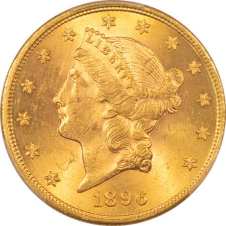 $20 1896 $20 LIBERTY GOLD DOUBLE EAGLE, TY 3 W/ MOTTO – PCGS MS-62, BETTER DATE!
