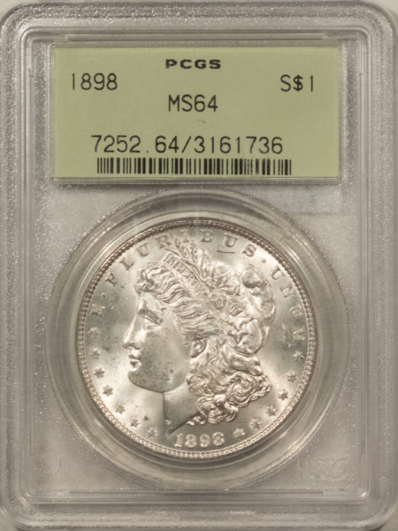 Dollars 1898 $1 MORGAN DOLLAR PCGS MS-64, 65 QUALITY, OLD GREEN HOLDER, PREMIUM QUALITY!