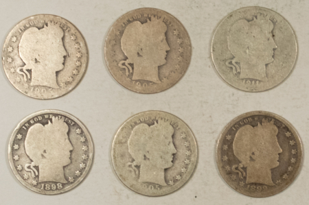 Barber Quarters 1898 1899 1905 X3 1911-D BARBER QUARTERS, LOT/6 – CIRCULATED