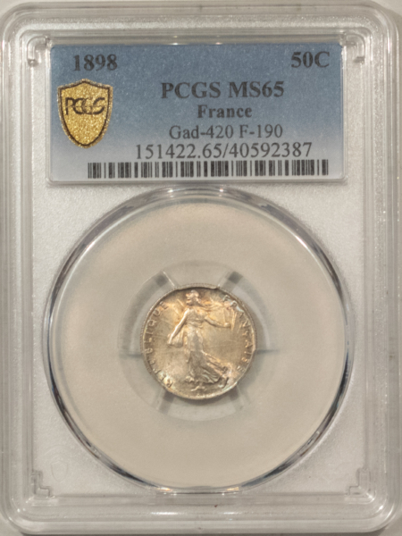 New Certified Coins 1898 FRANCE 50 CENTIMES, GAD-420 F-190 – PCGS MS-65, PRETY GEM! KM-854