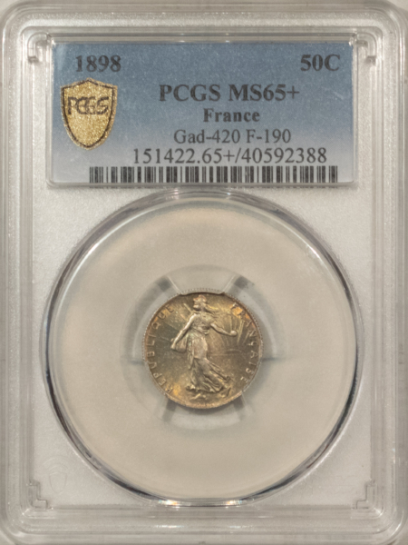 New Certified Coins 1898 FRANCE 50 CENTIMES, GAD-420 F-190 – PCGS MS-65+ LOVELY GEM! KM-854