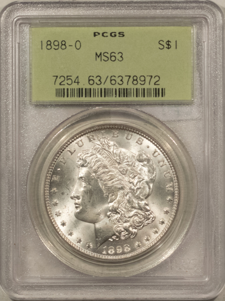 Dollars 1898-O $1 MORGAN DOLLAR – PCGS MS-63, OLD GREEN HOLDER & PREMIUM QUALITY!