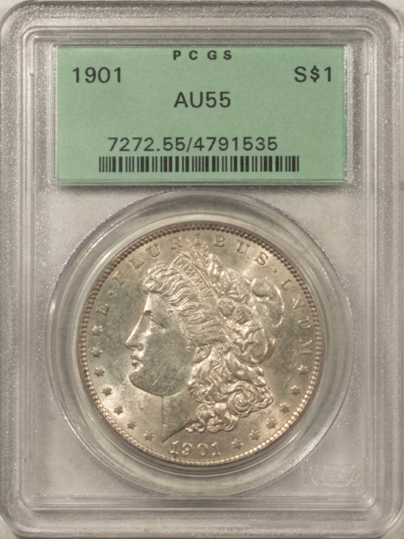 Dollars 1901 $1 MORGAN DOLLAR – PCGS AU-55, OLD GREEN HOLDER & PREMIUM QUALITY!