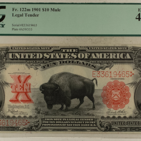 Large U.S. Notes 1901 $10 BISON LEGAL TENDER USN FR#122m MULE PCGS 40-EF PPQ, PQ COLOR, EMBOSSED!