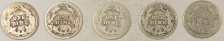 Barber Dimes 1901 1907 1907-D 1908 1911 BARBER DIMES, LOT OF 5 – CIRCULATED!