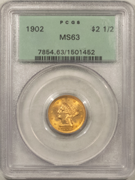 $2.50 1902 $2.50 LIBERTY HEAD QUARTER EAGLE – PCGS MS-63, OLD GREEN HOLDER!