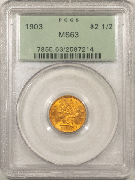 $2.50 1903 $2.50 LIBERTY HEAD QUARTER EAGLE – PCGS MS-63, OLD GREEN HOLDER!