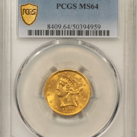 $5 1904 $5 LIBERTY HEAD HALF EAGLE – PCGS MS-64, LUSTROUS & FRESH, GOLD SHIELD!