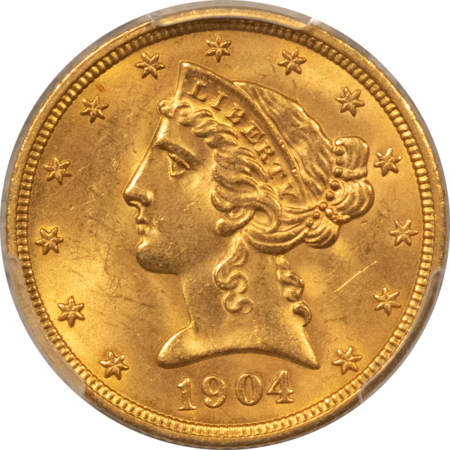 $5 1904 $5 LIBERTY HEAD HALF EAGLE – PCGS MS-64, LUSTROUS & FRESH, GOLD SHIELD!