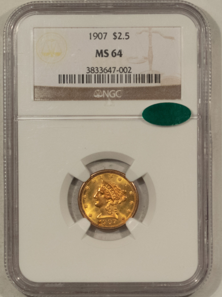 $2.50 1907 $2.50 LIBERTY GOLD QUARTER EAGLE – NGC MS-64, CAC APPROVED!