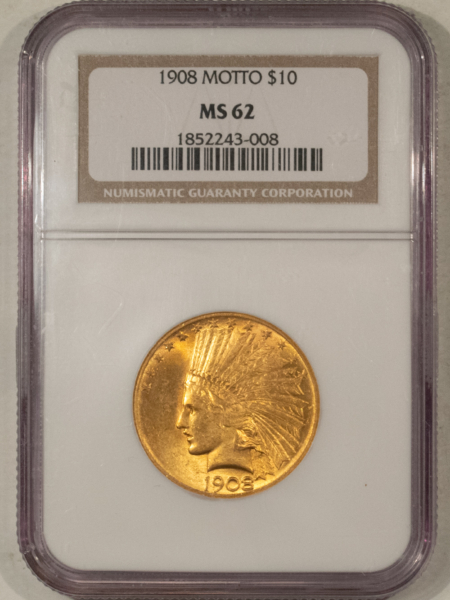 $10 1908 $10 INDIAN GOLD EAGLE, MOTTO – NGC MS-62, NICE, SMOOTH, LOW MINTAGE!
