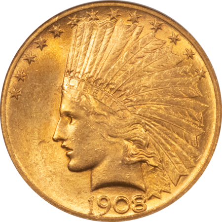 $10 1908 $10 INDIAN GOLD EAGLE, MOTTO – NGC MS-62, NICE, SMOOTH, LOW MINTAGE!