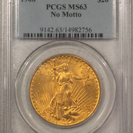 $20 1908 $20 ST GAUDENS DOUBLE EAGLE, NO MOTTO – PCGS MS-63