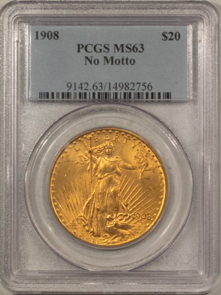 $20 1908 $20 ST GAUDENS DOUBLE EAGLE, NO MOTTO – PCGS MS-63
