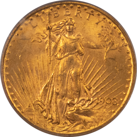 $20 1908 $20 ST GAUDENS DOUBLE EAGLE, NO MOTTO – PCGS MS-63