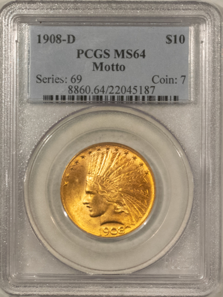 $10 1908-D $10 LIBERTY GOLD EAGLE, MOTTO – PCGS MS-64, FLASHY! $30k IN MS65!