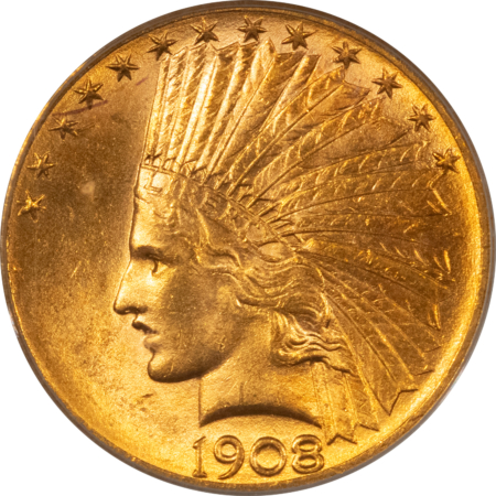 $10 1908-D $10 LIBERTY GOLD EAGLE, MOTTO – PCGS MS-64, FLASHY! $30k IN MS65!