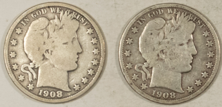 Barber Halves 1908-O BARBER HALF DOLLARS, LOT OF 2 – FULL VG/VG+