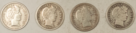 Barber Dimes 1909 1910 1911-D 1912 BARBER DIMES, LOT OF 4 – NICE ALL VF – VF+
