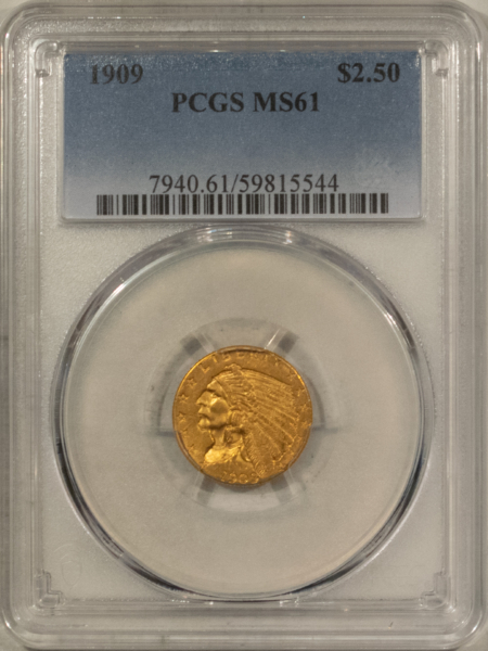 $2.50 1909 $2.50 INDIAN GOLD QUARTER EAGLE – PCGS MS-61
