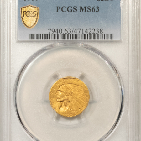 $2.50 1909 $2.50 INDIAN GOLD QUARTER EAGLE – PCGS MS-63 GOLD SHIELD! SCARCE DATE!