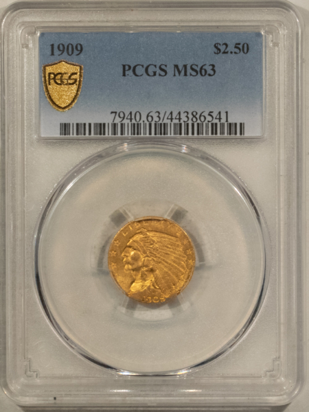 $2.50 1909 $2.50 INDIAN GOLD QUARTER EAGLE – PCGS MS-63, TOUGH & CHOICE!