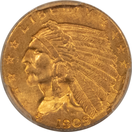 $2.50 1909 $2.50 INDIAN GOLD QUARTER EAGLE – PCGS MS-63, TOUGH & CHOICE!
