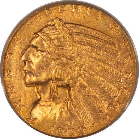 $5 1909-D $5 INDIAN GOLD HALF EAGLE – PCGS MS-63, OLDER HOLDER, VERY FRESH!