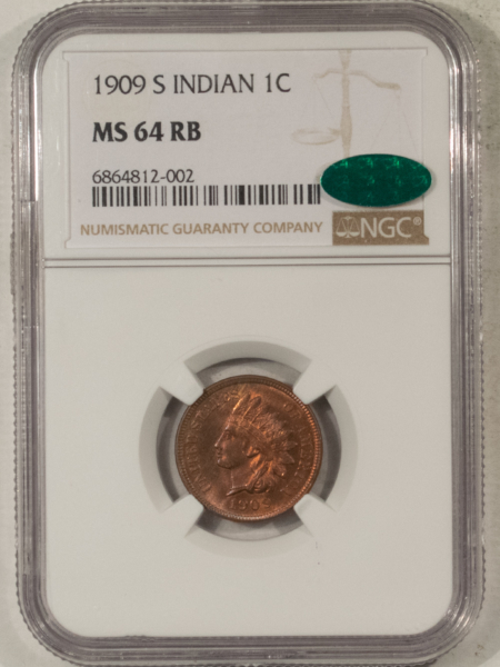 CAC Approved Coins 1909-S INDIAN CENT – NGC MS-64 RB, GORGEOUS, VIRTUALLY RED! CAC APPROVED!