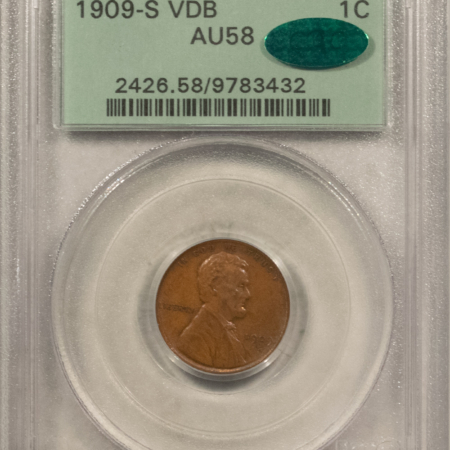 CAC Approved Coins 1909-S VDB LINCOLN CENT – PCGS AU-58 CAC, OGH, SUPER PRETTY & LOOKS CHOICE+