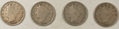 Liberty Nickels 1910 1912 1912-D X2 – LIBERTY NICKELS, LOT OF 4 – PLEASING CIRCULATED EXAMPLES!