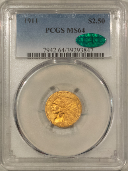 $2.50 1911 $2.50 INDIAN GOLD QUARTER EAGLE – PCGS MS-64, CAC APPROVED!