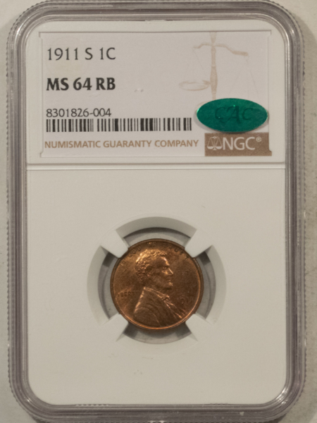 CAC Approved Coins 1911-S LINCOLN CENT – NGC MS-64 RB, CAC APPROVED! ORIGINAL & PQ!