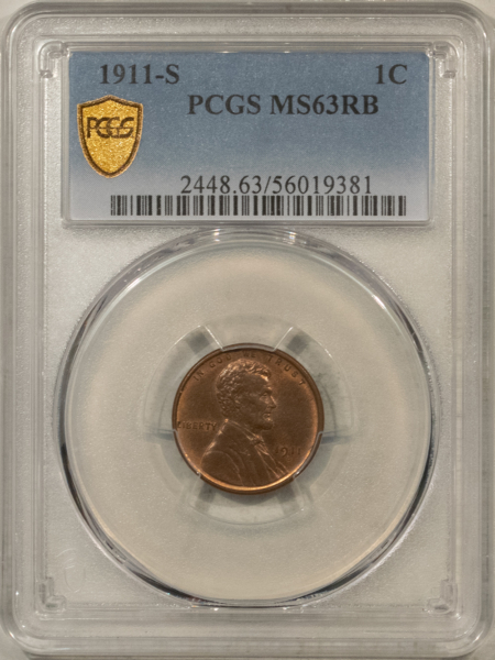 Lincoln Cents (Wheat) 1911-S LINCOLN CENT – PCGS MS-63 RB CHOICE, BETTER DATE!