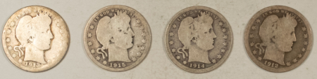 Barber Quarters 1912 1913-D 1914 1915-D BARBER QUARTERS, LOT OF 4 – CIRCULATED!