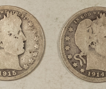 Barber Quarters 1912 1913-D 1914 1915-D BARBER QUARTERS, LOT OF 4 – CIRCULATED!