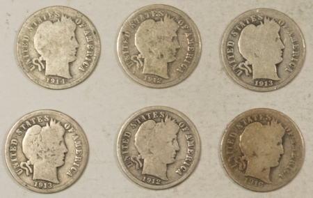Barber Dimes 1912 1912-D 1913 X2 1914-D 1916 BARBER DIMES, LOT/6 – CIRCULATED!